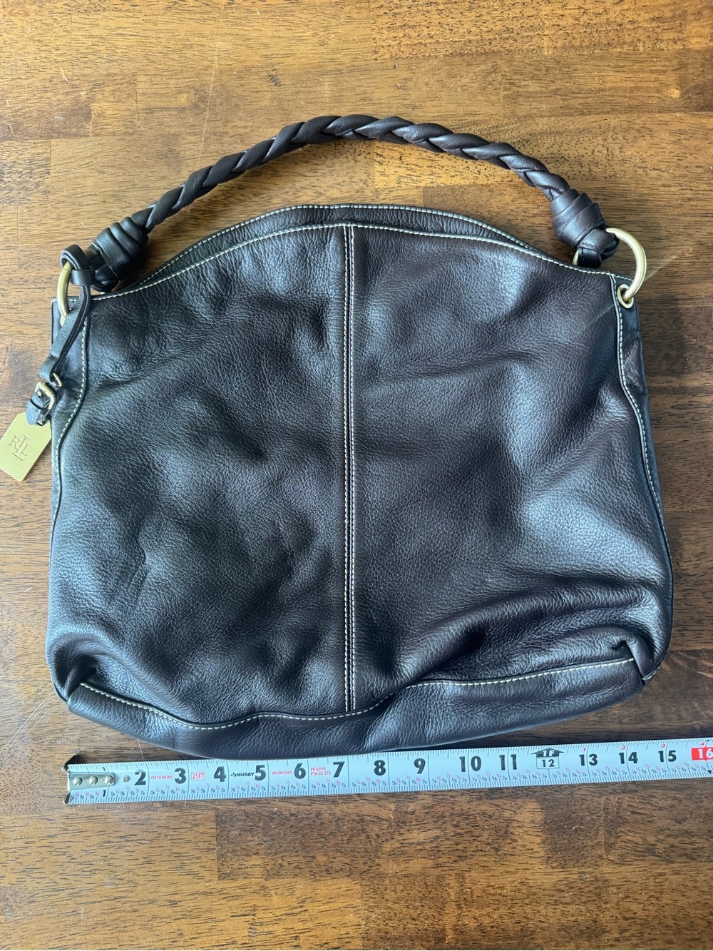 Lauren Ralph Lauren Pebbled Leather Braided Handle  hobo bag euc chocolate brown